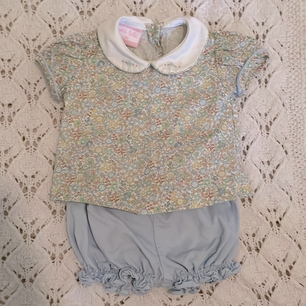 Petit Bebe two piece set with liberty pattern top and blue cord bloomers